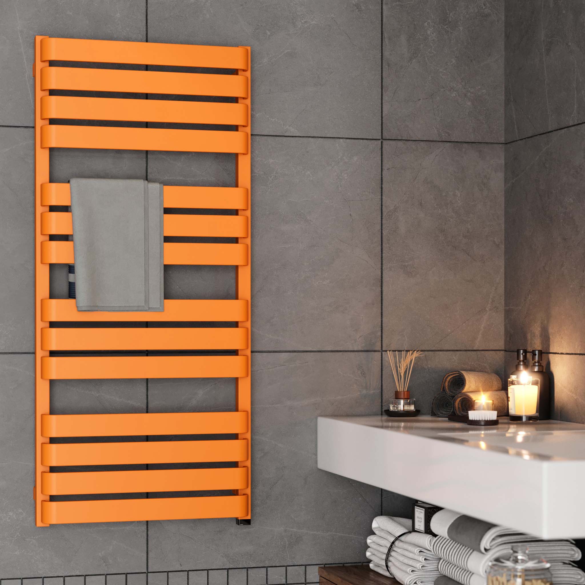 WARP Matt Orange Vertical Ladder Rail Curved Bar Electric Towel Warmer (INTERNAL ONE Element)