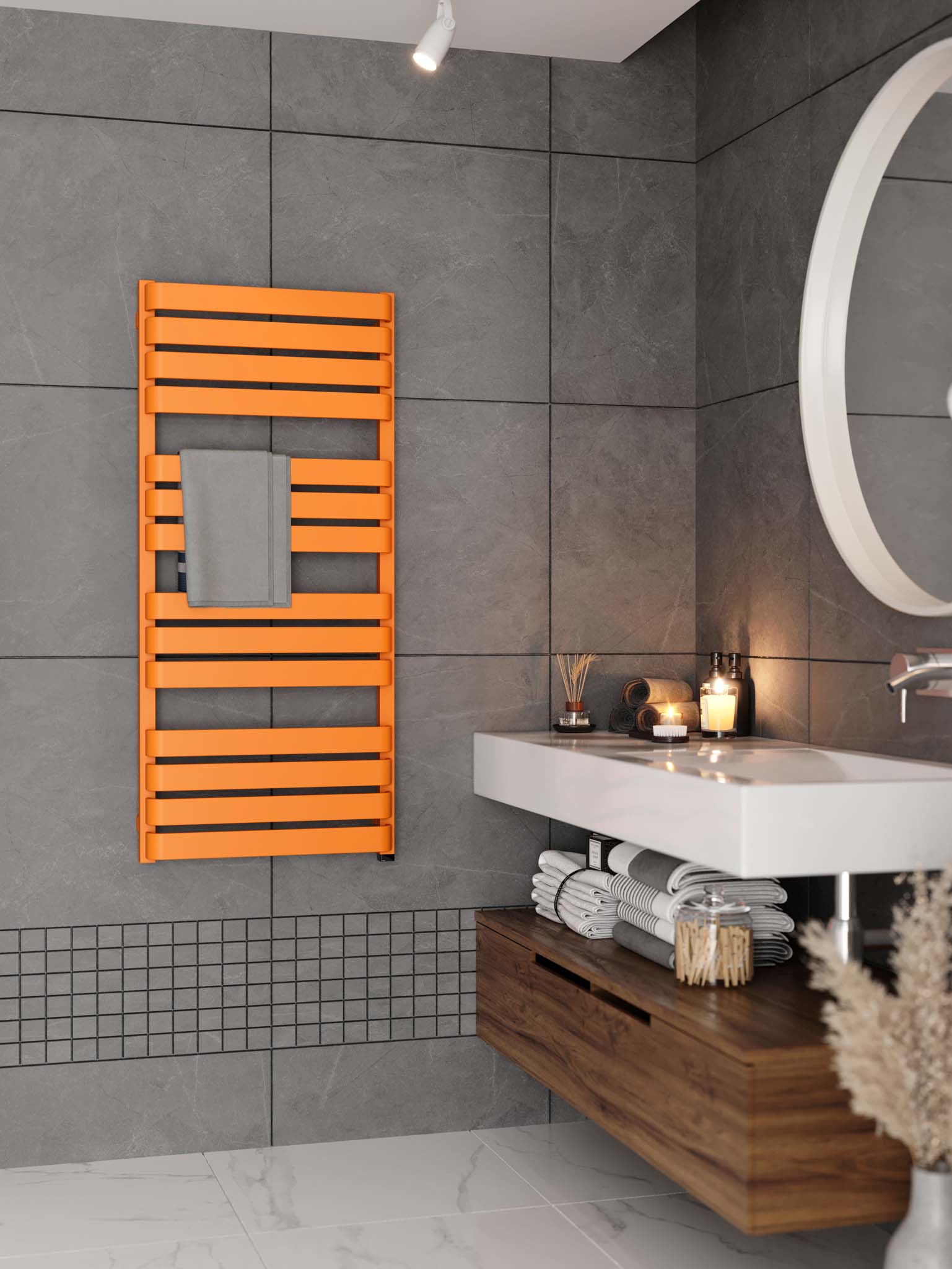 WARP Matt Orange Vertical Ladder Rail Curved Bar Electric Towel Warmer (INTERNAL ONE Element)