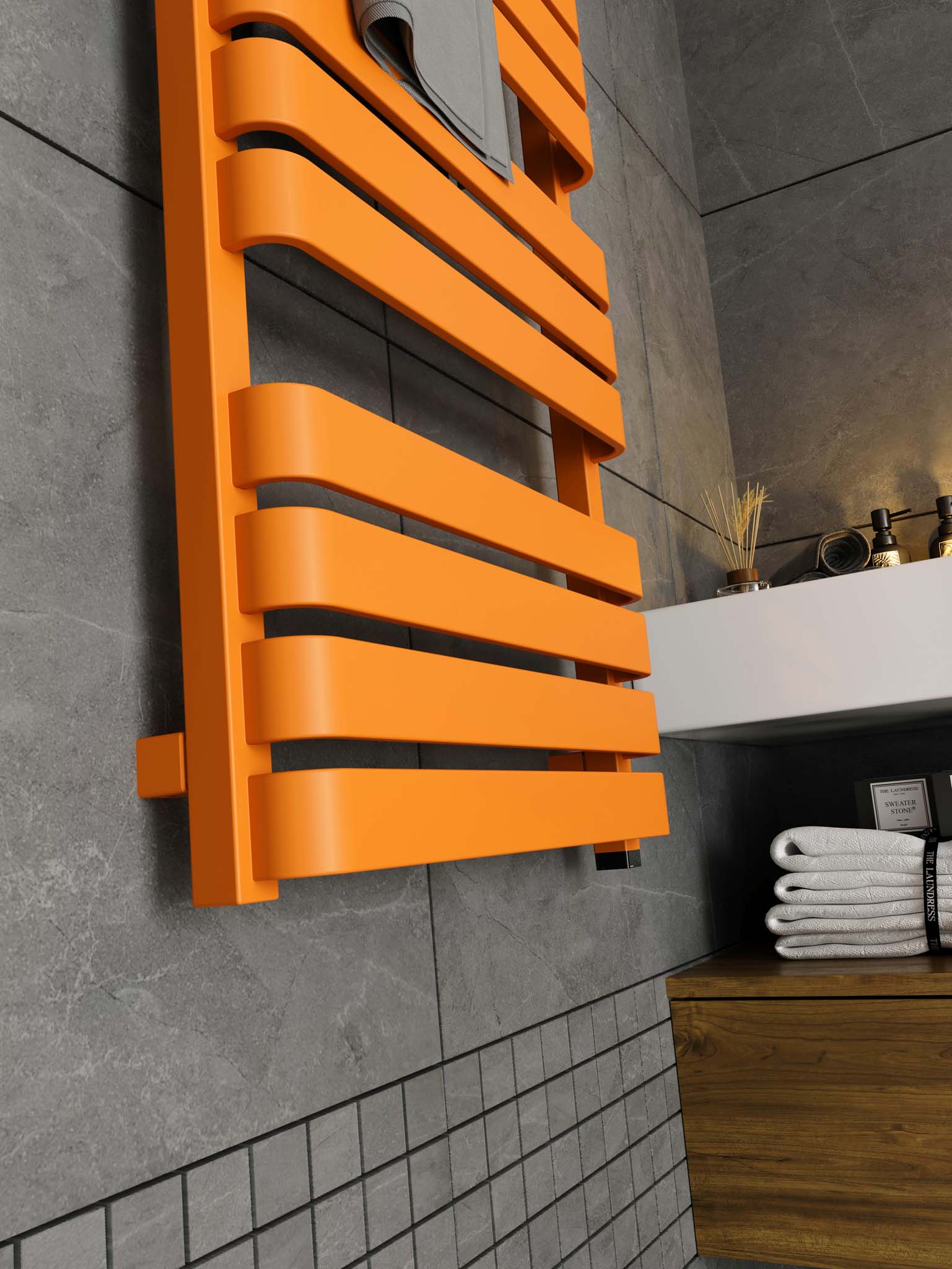 WARP Matt Orange Vertical Ladder Rail Curved Bar Electric Towel Warmer (INTERNAL ONE Element)