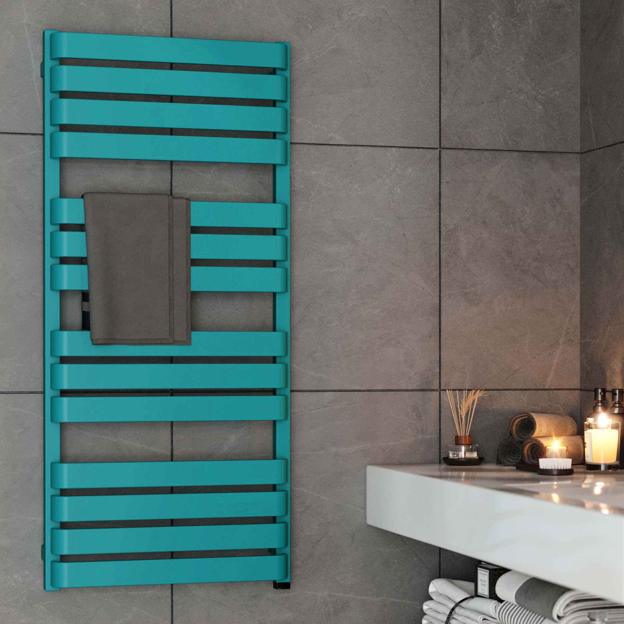 WARP Matt Teal Vertical Ladder Rail Curved Bar Electric Towel Warmer (INTERNAL ONE Element)