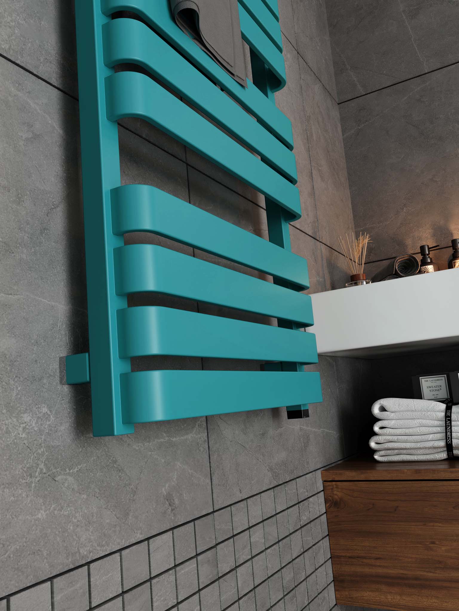 WARP Matt Teal Vertical Ladder Rail Curved Bar Electric Towel Warmer (INTERNAL ONE Element)