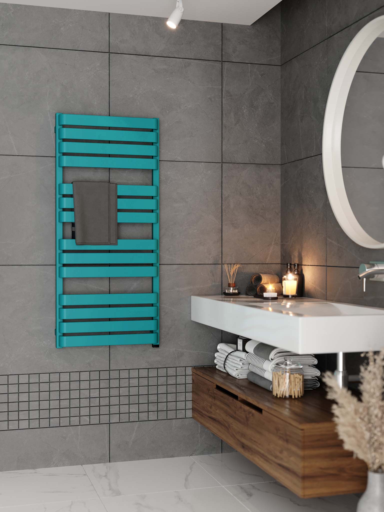 WARP Matt Teal Vertical Ladder Rail Curved Bar Electric Towel Warmer (INTERNAL ONE Element)